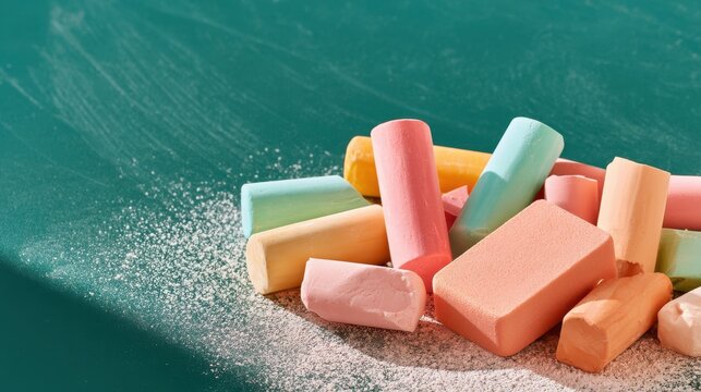 Macro still life of coloured broken chalk sticks on green chalkboard with tactile dust