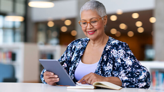 Smiling senior woman using tablet and open notebook while studying or working in modern library