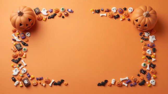 Full frame border of carved pumpkins and Halloween candies on vibrant orange background with copy space