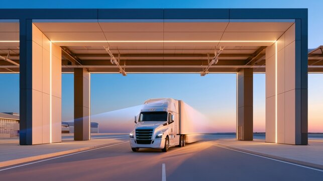 Semi truck passing through automated technology gate at modern terminal portal