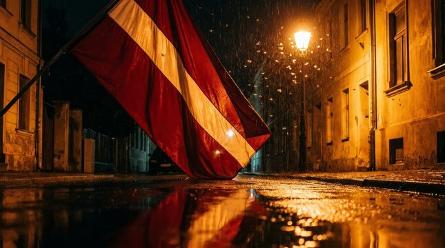 Red white flag hanging over rainy cobblestone street at night