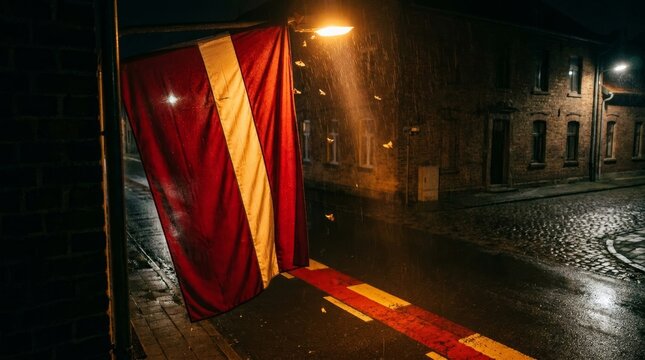 Red white flag under streetlamp on rainy brick night street