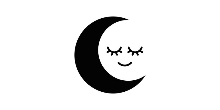 Sleeping crescent moon with closed eyes and smile, night sky.
