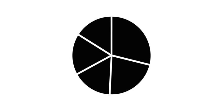 Black pie chart icon with five segments for data analysis presentation.