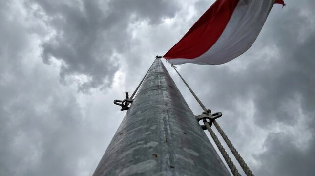 Low angle rusty flagpole with Indonesian flag against cloudy sky