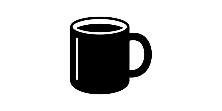 Black coffee mug flat icon outline style on transparent grid background.