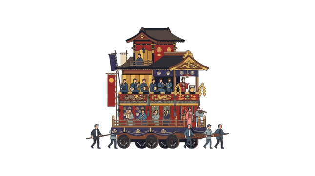 Crowd hauling multi-tiered traditional Japanese parade float.
