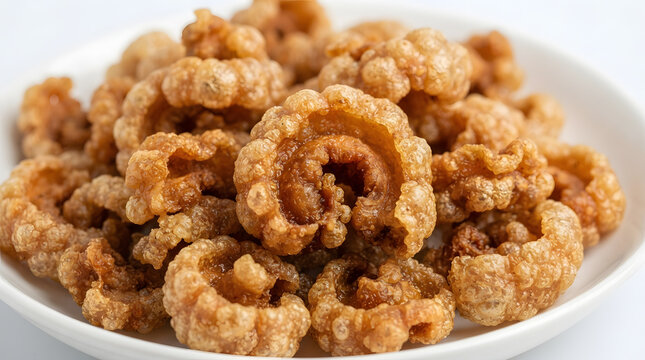 Macro shot of chicharon bulaklak from Philippines in macro shot on clean white background