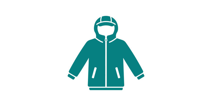 Teal hooded jacket icon with zipper and pockets for winter apparel.