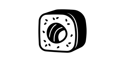 Sushi roll maki icon with salmon center and sesame seeds on exterior. © SAJID