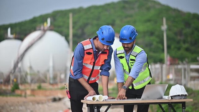Engineers wearing safety gear, including hard hats examining survey a large blueprint tablet standing industrial facility gas or oil refinery engaged in a job requires high safety standards concept.	