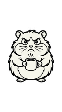 Cute angry hamster holding steaming coffee mug minimal black and white vector line art