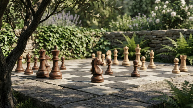 Wooden chess set on a stone board in a lush green garden.
