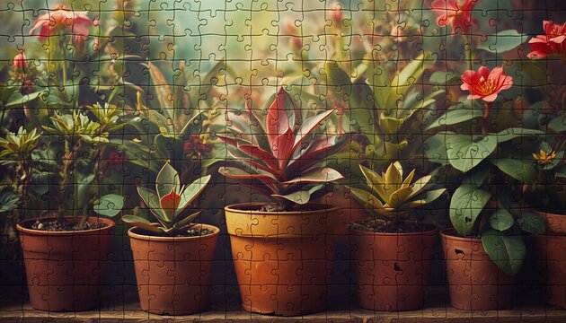 Potted plants and blooming flowers in terracotta pots against a rustic brick wall background