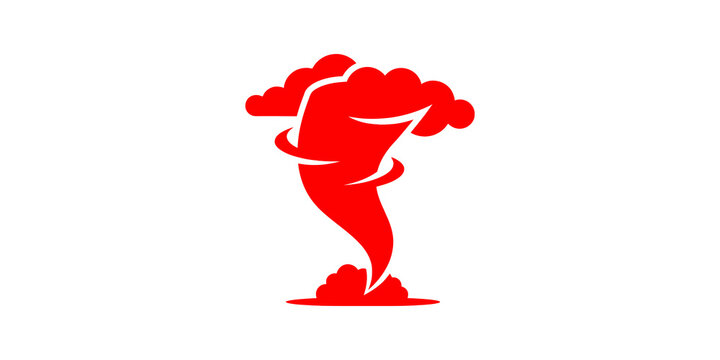 Red tornado storm icon with wind clouds for meteorology alert design.