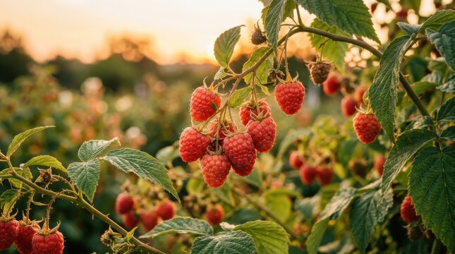 Ripe Raspberries on the Bush: A cluster of sun-kissed raspberries hangs heavy on the vine, their vibrant red color glowing against a backdrop of soft, golden sunset light.