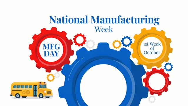 National manufacturing week celebration design with colorful mechanical gears and a school bus