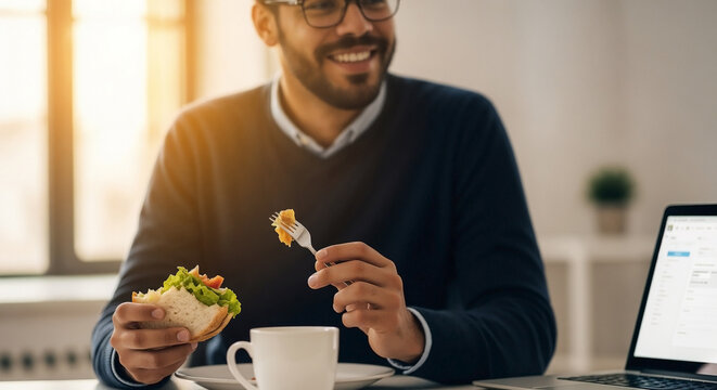 Office lunch break with healthy sandwich, fresh salad, and warm coffee cup at work desk. Happy worker during office lunch break enjoys food near laptop. Office lunch break concept for workplace.
