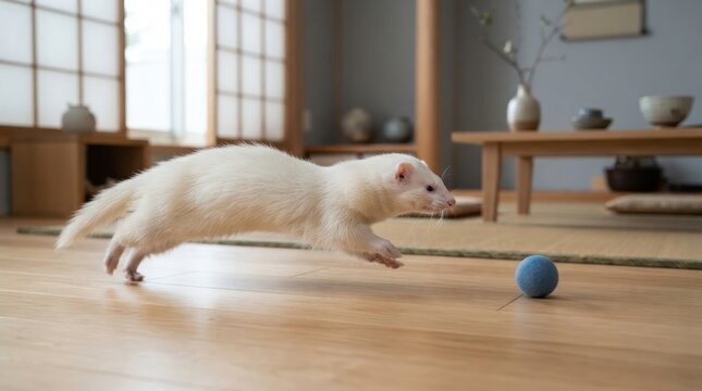 Ferret Chasing Ball Indoors: A sleek white ferret in mid-leap, energetically chasing a blue ball across a polished wooden floor in a tranquil, Japanese-inspired room.