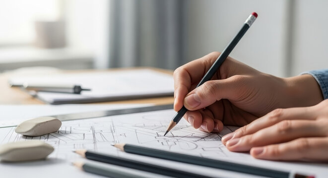 Detailed architect drawing sketch on paper with pencil and ruler. Precise architect drawing sketch on table during drafting process. Professional architect drawing sketch for construction project.