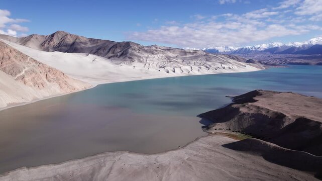 Pangong Lake with White Sand Dunes and Barren Mountains in Ladakh, India in Pangong Lake, Ladakh, India