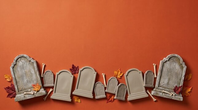 Row of miniature graveyard tombstones and autumnal leaves on rich orange background for Halloween header