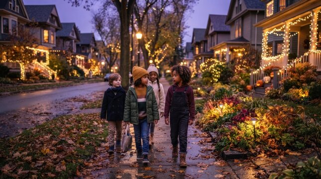 Autumn Evening Stroll: Three children walk down a suburban street decorated with festive holiday lights and autumn foliage, as dusk settles over the neighborhood, creating a magical atmosphere.