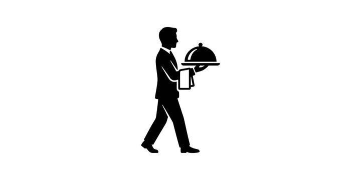 Waiter serving food tray silhouette icon for restaurant hospitality.