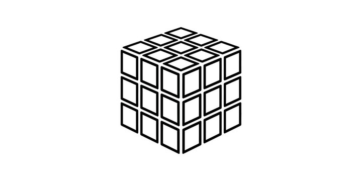 Geometric puzzle cube wireframe icon black flat vector logic graphic.
