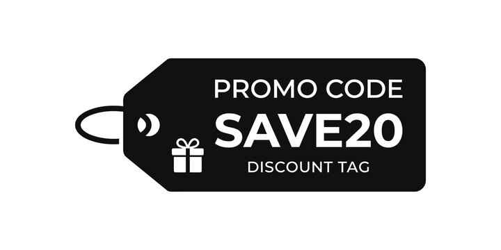 Black promotional discount tag with save twenty percent offer text.