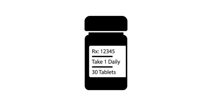 Black prescription pill bottle icon on transparent background for web.