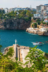 Fototapeta premium Vertical view of Kaleici Marina and Mediterranean waterfront in Antalya Turkey