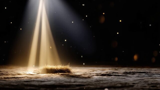 A dramatic beam of light shines down on a humble mound of hay, creating a sacred atmosphere amidst a dark, star-speckled background. ..Created with Generative AI, not depicting real subjects.