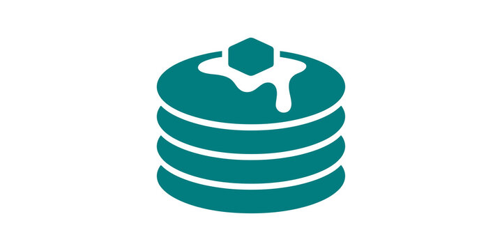 Teal pancake stack icon with syrup and butter on a transparent base.
