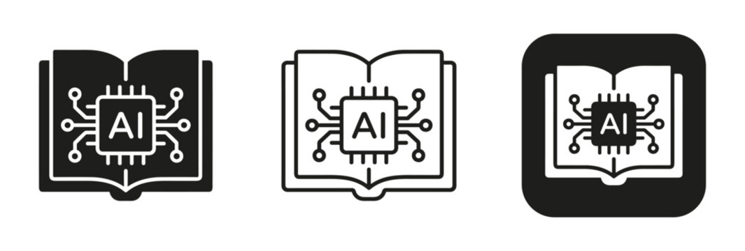 AI Learning Book Icons: A set of three distinct icons depicting an open book integrated with a central microchip displaying 'AI', symbolizing artificial intelligence and knowledge acquisition.