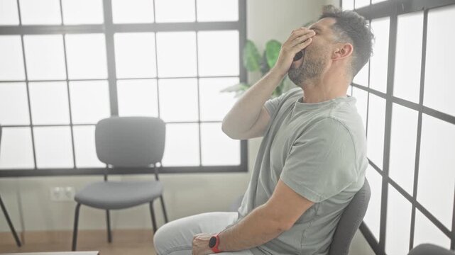 Man with hand over mouth yawning while sitting on a chair in a building waiting area near a large grid window and potted plant; fatigue patience.