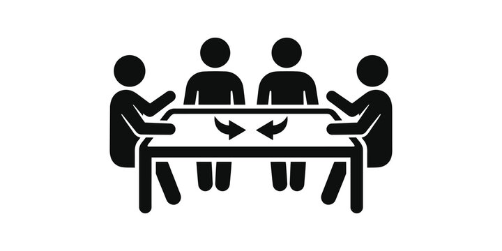 Black boardroom meeting icon showing four business figures at conference table.