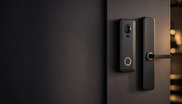 Smart black door lock with built-in camera, keypad speaker, and handle mounted on a dark entrance door with warm background lighting.