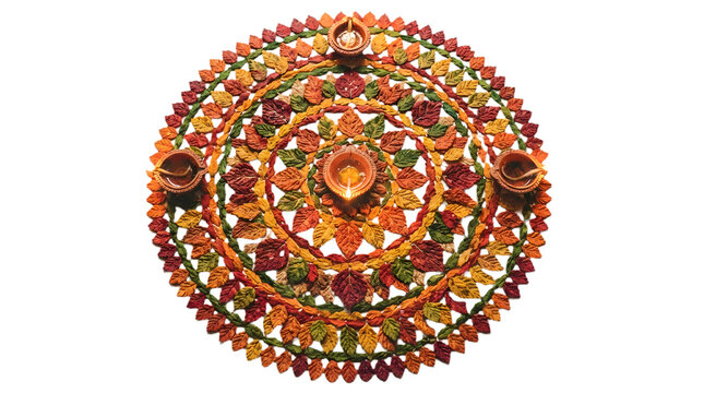 Beautiful circular rangoli made of colorful autumn leaves with lit clay oil lamps isolated on transparent background