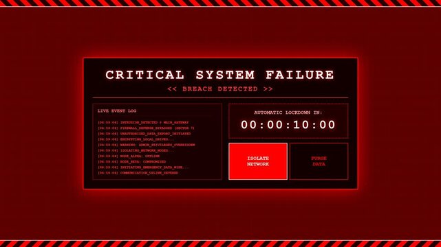 Critical system failure cyberattack lockdown alert red screen.