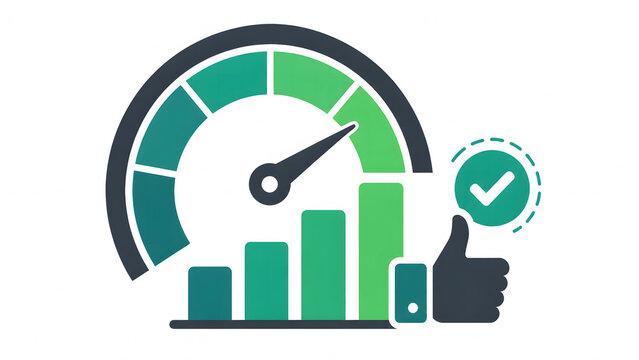 Performance speedometer icon with a rising bar chart and a thumbs up checkmark sign on a white background.