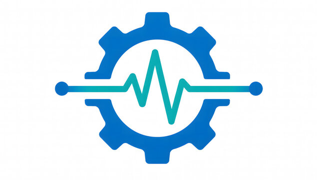Flat vector icon of blue mechanical gear integrated with a green pulse ecg line isolated on white background representing healthcare technology and industrial optimization