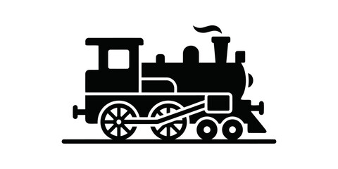 Black steam locomotive train icon on rails for vintage rail transit. © SAJID