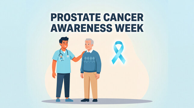 Prostate Cancer Awareness Week banner or background with male doctor comforting senior patient next to blue ribbon