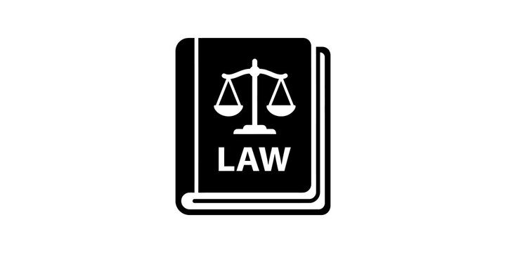 Legal law book black flat icon with balance scale for justice system ui.