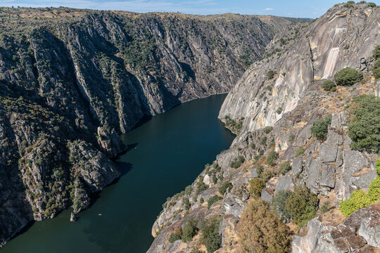 River gorge and Aldead&aacute;vila Reservoir from the Mirador del Fraile viewpoint. Duero River, Salamanca, Castile and Le&oacute;n, Spain. Arribes del Duero Natural Park.