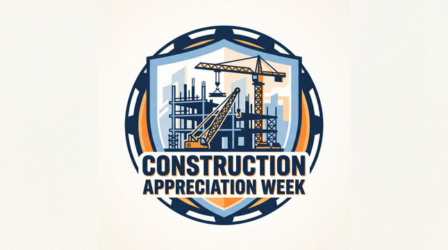 Construction Appreciation Week emblem or background with building construction site and crane inside shield badge