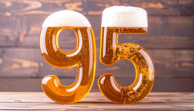 Beer Typography &mdash; Number 95 with Bubbles and Foam on Wooden Background
