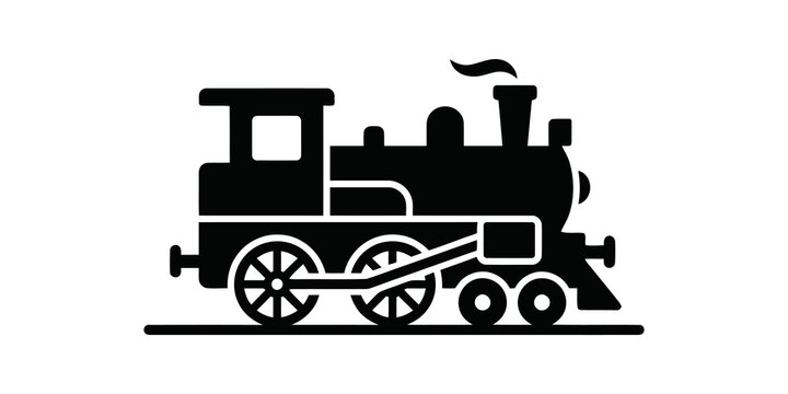 Black steam locomotive train icon on rails for vintage rail transit.