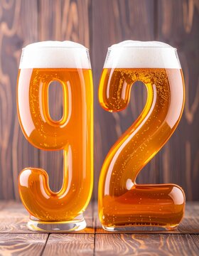 Beer Typography &mdash; Number 92 with Bubbles and Foam on Wooden Background